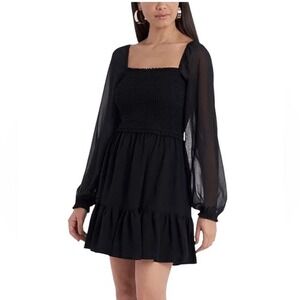 1 STATE Womens Dress S Black Smocked Ruffle Hem Sheer Sleeve WhimsiGoth Mob Wife
